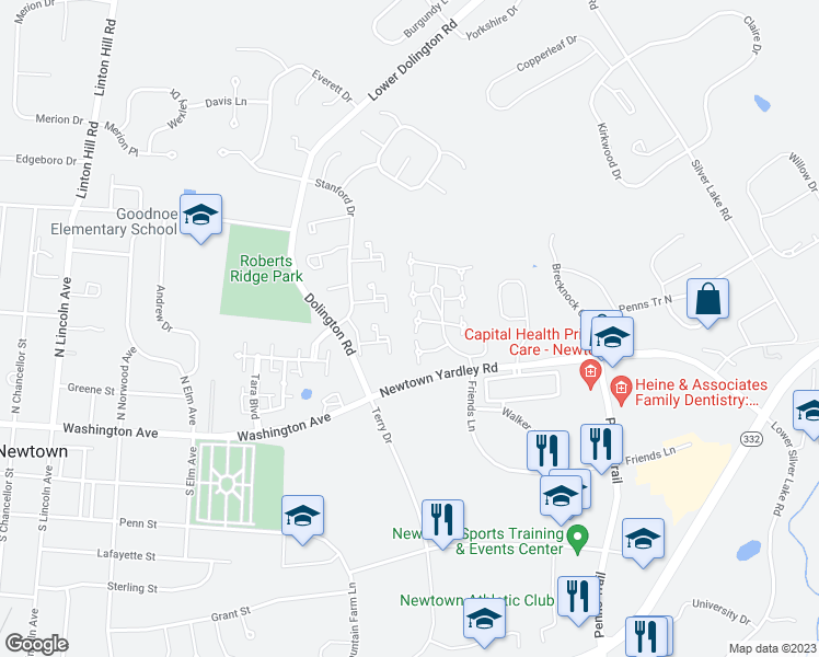 map of restaurants, bars, coffee shops, grocery stores, and more near 17 Garrison Place in Newtown