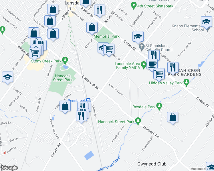 map of restaurants, bars, coffee shops, grocery stores, and more near 309 Church Road in Lansdale
