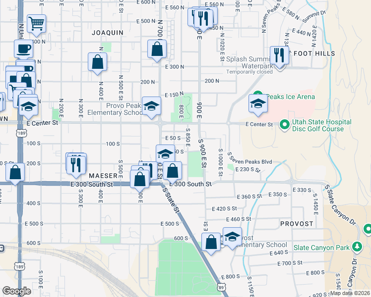 map of restaurants, bars, coffee shops, grocery stores, and more near 839 East 150 South in Provo