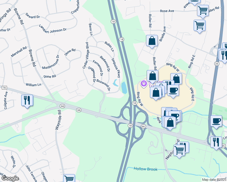 map of restaurants, bars, coffee shops, grocery stores, and more near 13 Sequoia Parkway in Ocean Township