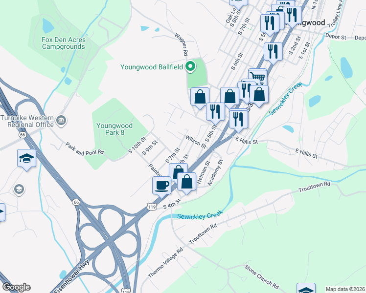 map of restaurants, bars, coffee shops, grocery stores, and more near 613 South 6th Street in Youngwood