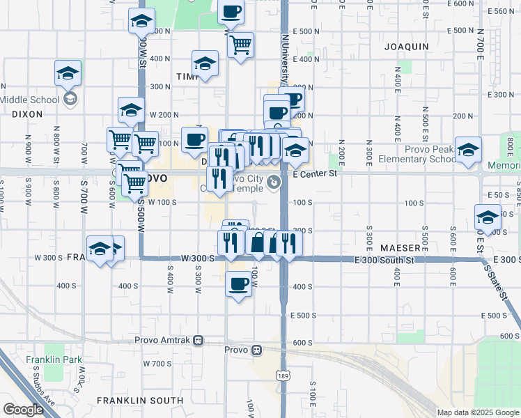 map of restaurants, bars, coffee shops, grocery stores, and more near 95 West 100 South in Provo
