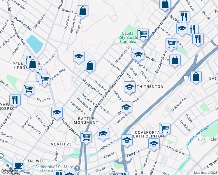 map of restaurants, bars, coffee shops, grocery stores, and more near 709 Martin Luther King Junior Boulevard in Trenton