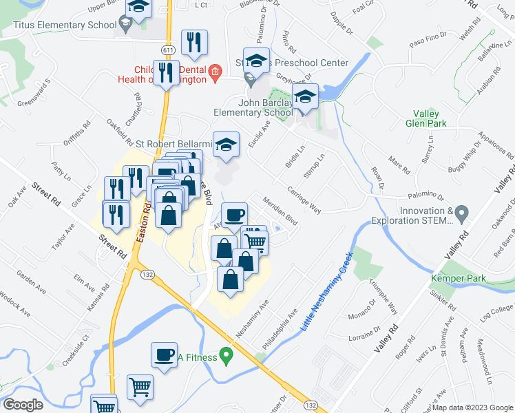 map of restaurants, bars, coffee shops, grocery stores, and more near 5321 Meridian Boulevard in Warrington