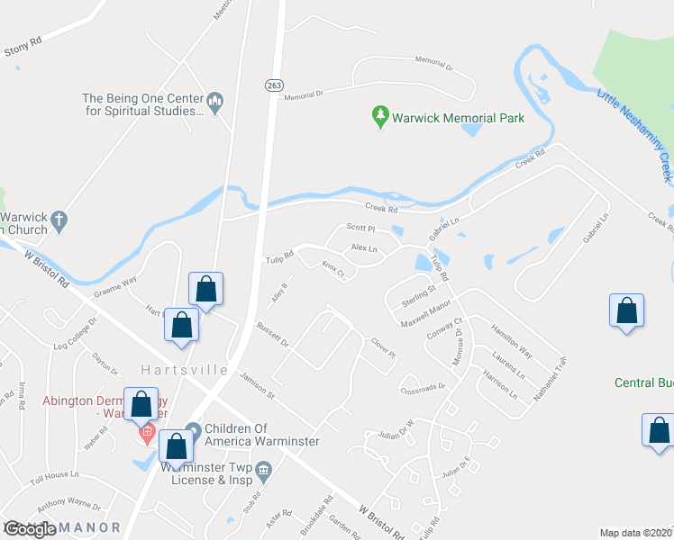 map of restaurants, bars, coffee shops, grocery stores, and more near 5302 Knox Court in Warminster