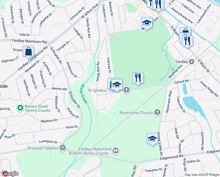 map of restaurants, bars, coffee shops, grocery stores, and more near 55 Fairway Drive in Yardley