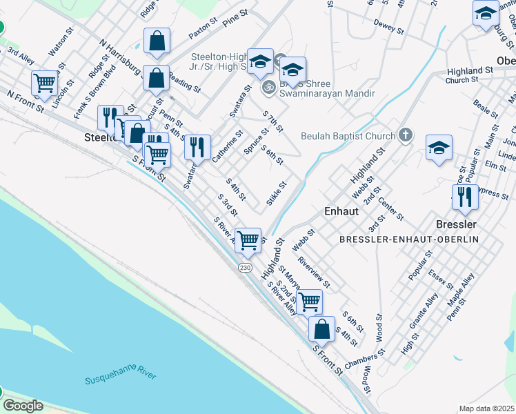 map of restaurants, bars, coffee shops, grocery stores, and more near 357 South 4th Street in Steelton