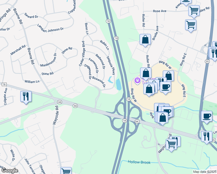 map of restaurants, bars, coffee shops, grocery stores, and more near 13 Sequoia Parkway in Ocean Township