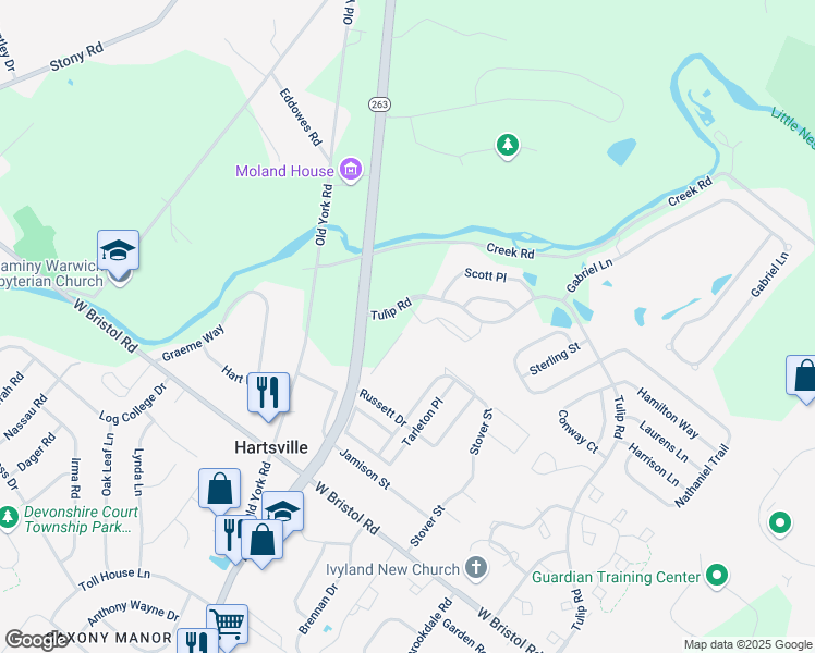 map of restaurants, bars, coffee shops, grocery stores, and more near 1023 Beechwood Place in Warminster