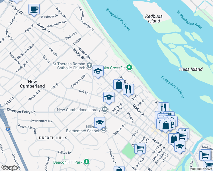 map of restaurants, bars, coffee shops, grocery stores, and more near 306 11th Street in New Cumberland