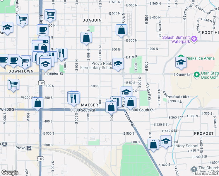 map of restaurants, bars, coffee shops, grocery stores, and more near 175 600 East in Provo