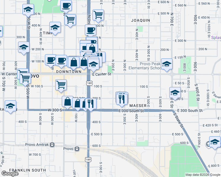 map of restaurants, bars, coffee shops, grocery stores, and more near 172 South 200 East in Provo