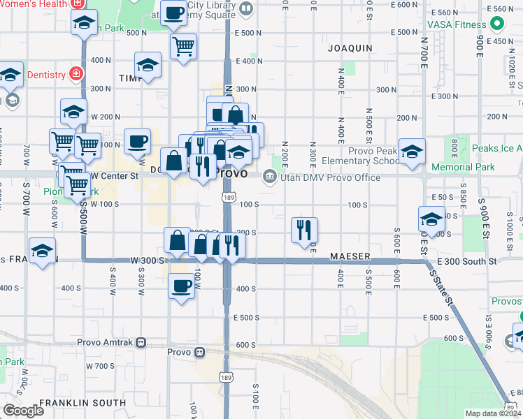 map of restaurants, bars, coffee shops, grocery stores, and more near 172 South 100 East in Provo
