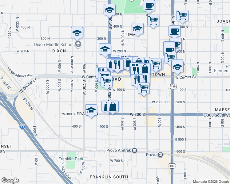 map of restaurants, bars, coffee shops, grocery stores, and more near 164 South 400 West in Provo