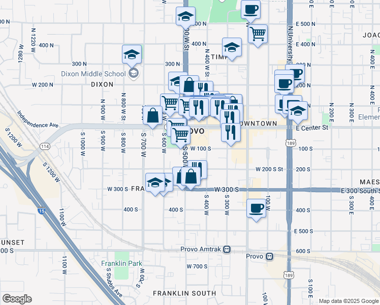map of restaurants, bars, coffee shops, grocery stores, and more near 110 South 500 West in Provo
