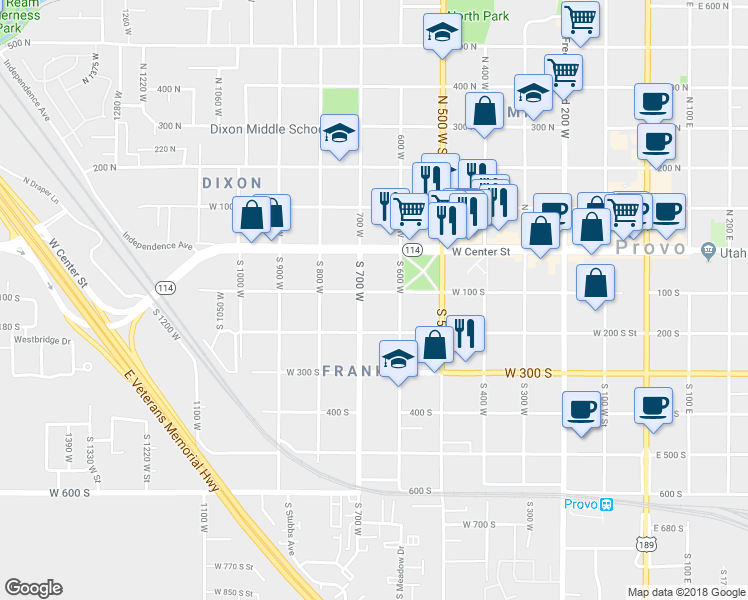 map of restaurants, bars, coffee shops, grocery stores, and more near 656 West 200 South in Provo