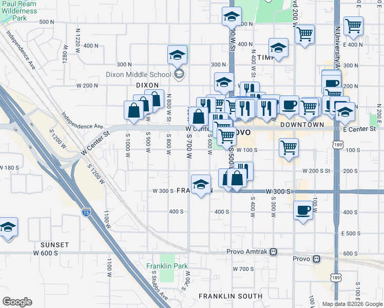 map of restaurants, bars, coffee shops, grocery stores, and more near 656 West 200 South in Provo