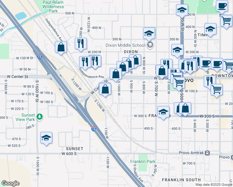 map of restaurants, bars, coffee shops, grocery stores, and more near 177 South 1050 West in Provo