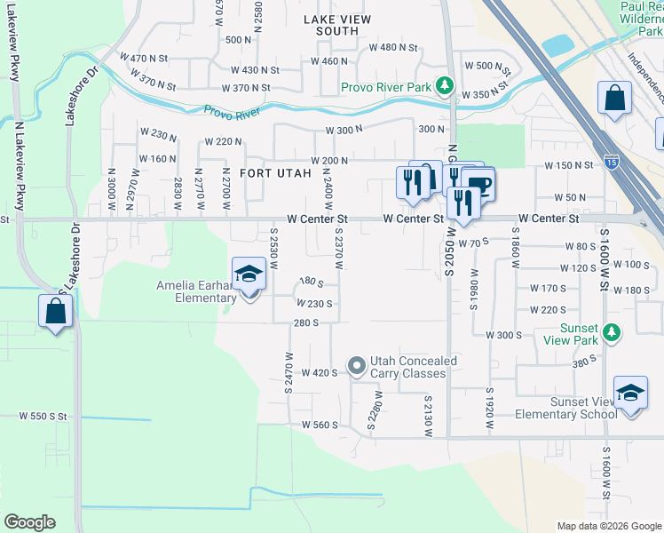 map of restaurants, bars, coffee shops, grocery stores, and more near 2384 West 180 South in Provo
