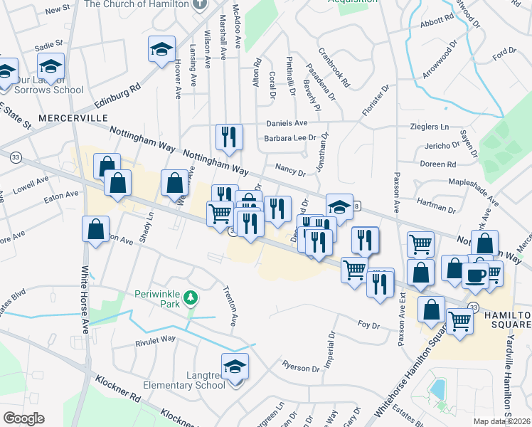 map of restaurants, bars, coffee shops, grocery stores, and more near 262 Evergreen Avenue in Hamilton Township