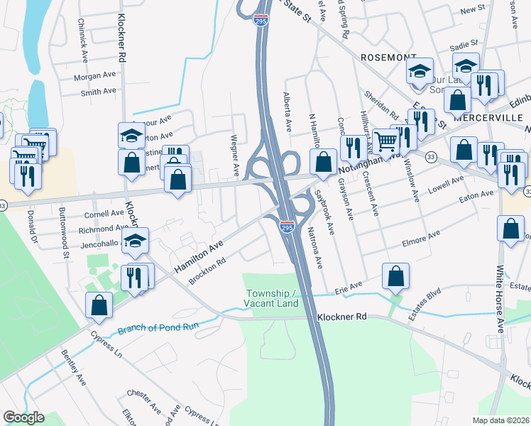 map of restaurants, bars, coffee shops, grocery stores, and more near 4 Birkshire Road in Hamilton Township