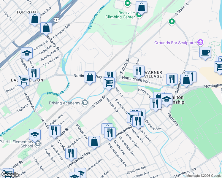 map of restaurants, bars, coffee shops, grocery stores, and more near 22 Johnston Avenue in Trenton