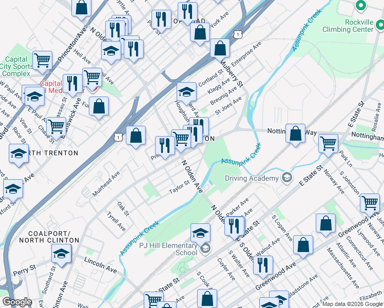 map of restaurants, bars, coffee shops, grocery stores, and more near in Trenton