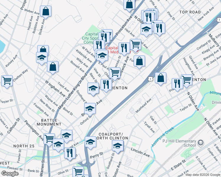 map of restaurants, bars, coffee shops, grocery stores, and more near 500 Brunswick Avenue in Trenton