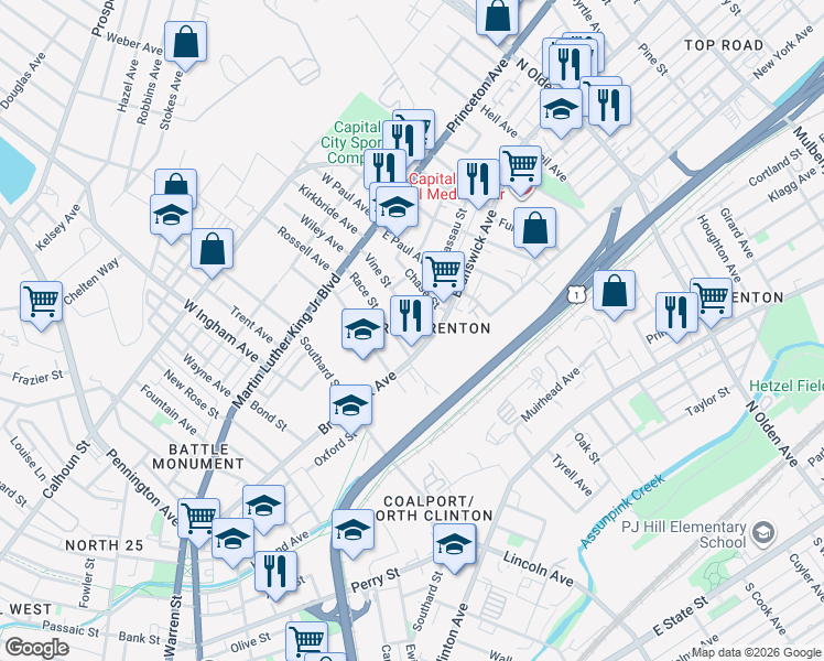 map of restaurants, bars, coffee shops, grocery stores, and more near 500 Brunswick Avenue in Trenton