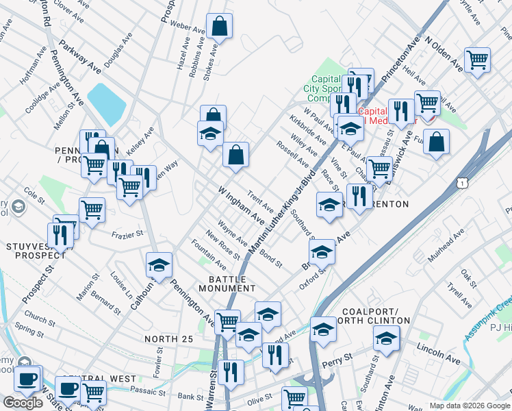 map of restaurants, bars, coffee shops, grocery stores, and more near 35 West Ingham Avenue in Trenton