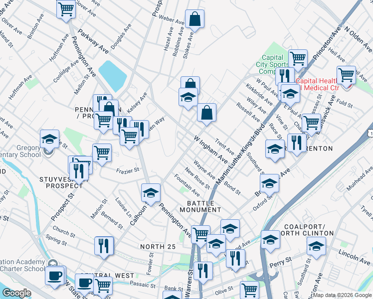 map of restaurants, bars, coffee shops, grocery stores, and more near 746 Rev S Howard Woodson Junior Way in Trenton