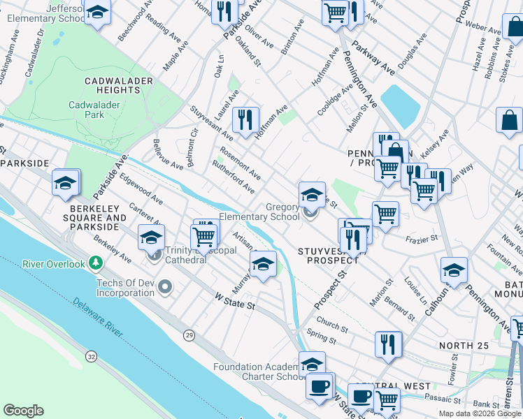 map of restaurants, bars, coffee shops, grocery stores, and more near 583 Bellevue Avenue in Trenton