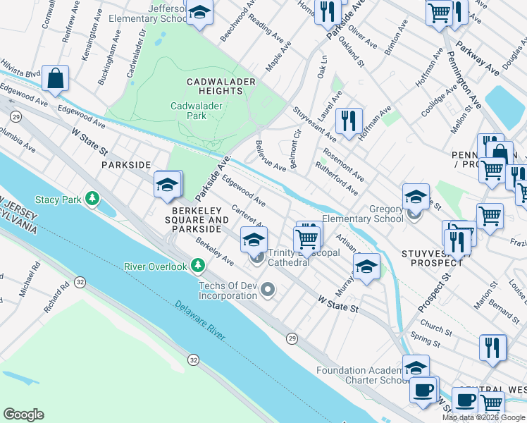 map of restaurants, bars, coffee shops, grocery stores, and more near 834 Carteret Avenue in Trenton