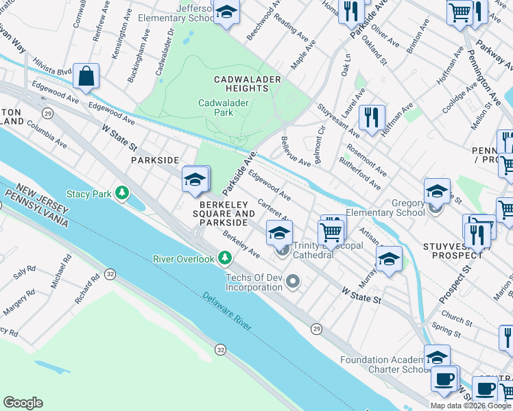 map of restaurants, bars, coffee shops, grocery stores, and more near 900 West State Street in Trenton