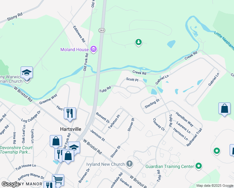 map of restaurants, bars, coffee shops, grocery stores, and more near 5302 Knox Court in Warminster