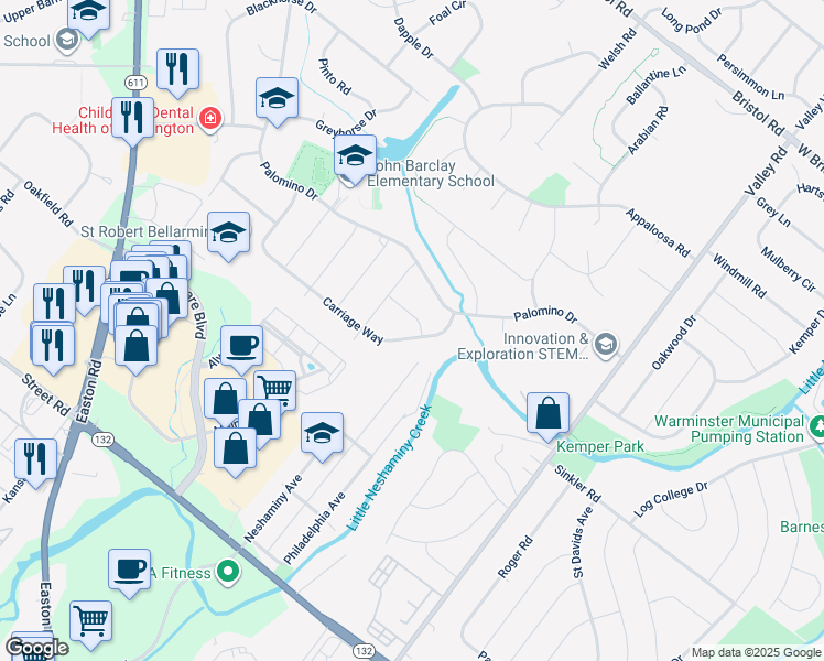 map of restaurants, bars, coffee shops, grocery stores, and more near 1833 Carriage Way in Warrington
