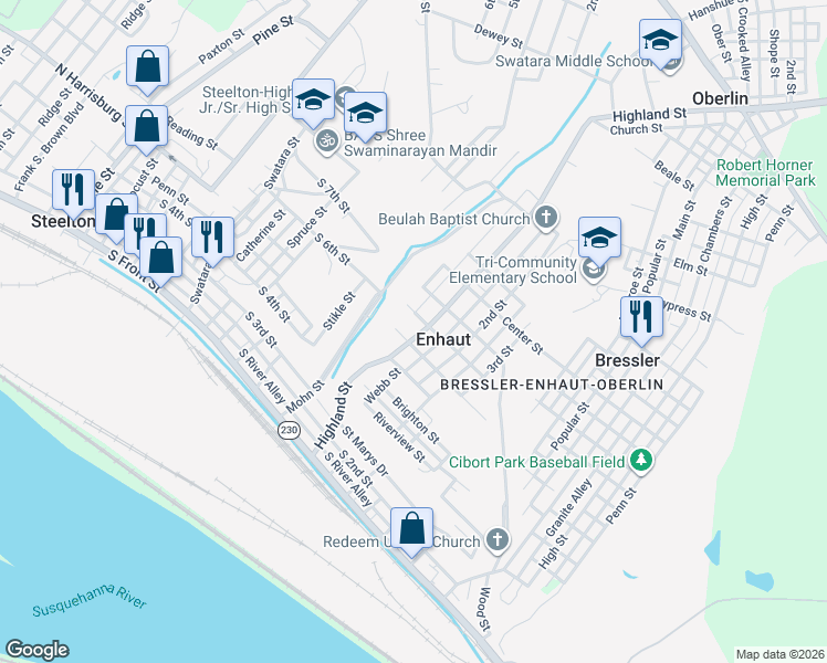 map of restaurants, bars, coffee shops, grocery stores, and more near 404 Highland Street in Steelton