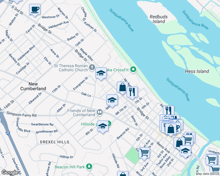 map of restaurants, bars, coffee shops, grocery stores, and more near 306 11th Street in New Cumberland