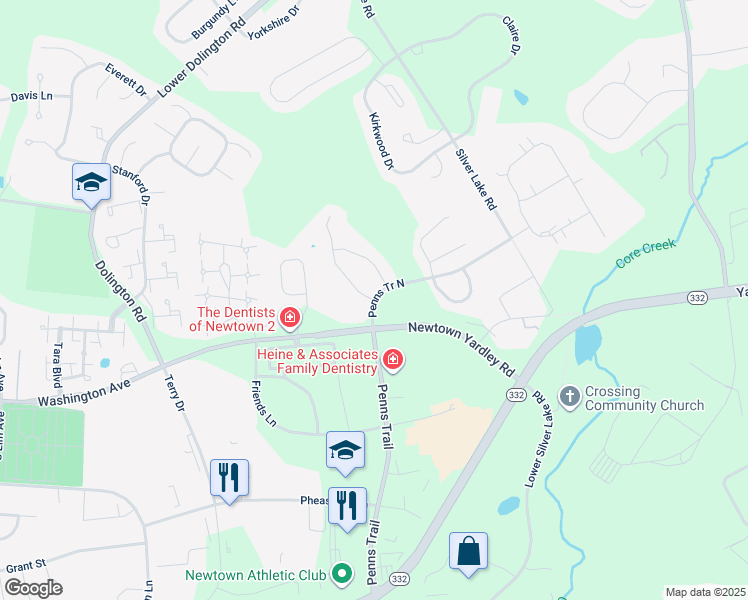 map of restaurants, bars, coffee shops, grocery stores, and more near 1 Brecknock Court in Newtown
