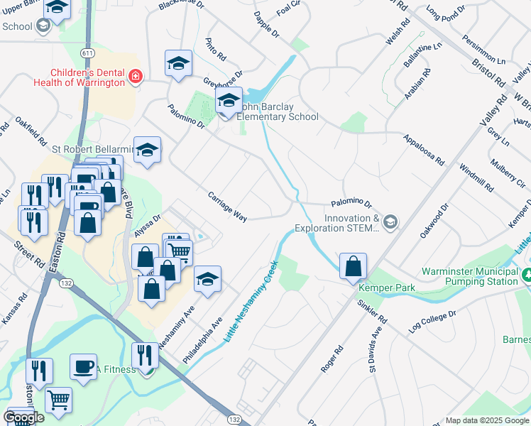 map of restaurants, bars, coffee shops, grocery stores, and more near 1833 Carriage Way in Warrington