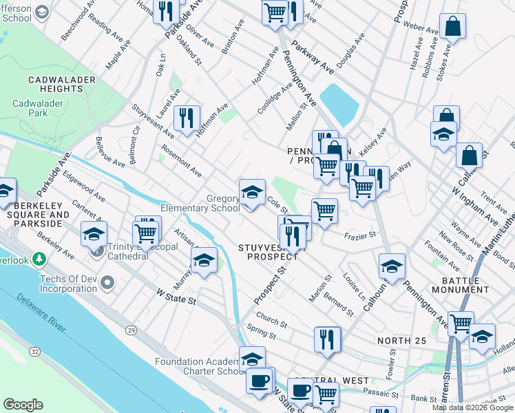 map of restaurants, bars, coffee shops, grocery stores, and more near 468 Rutherford Avenue in Trenton