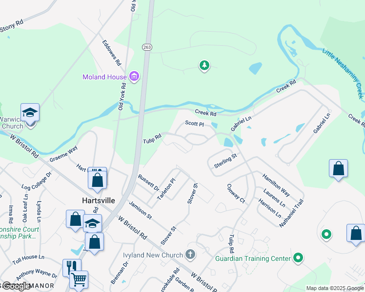 map of restaurants, bars, coffee shops, grocery stores, and more near 3503 Knox Court in Ivyland