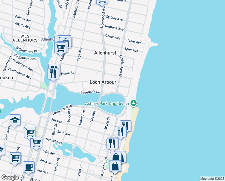 map of restaurants, bars, coffee shops, grocery stores, and more near 205 Edgemont Drive in Allenhurst