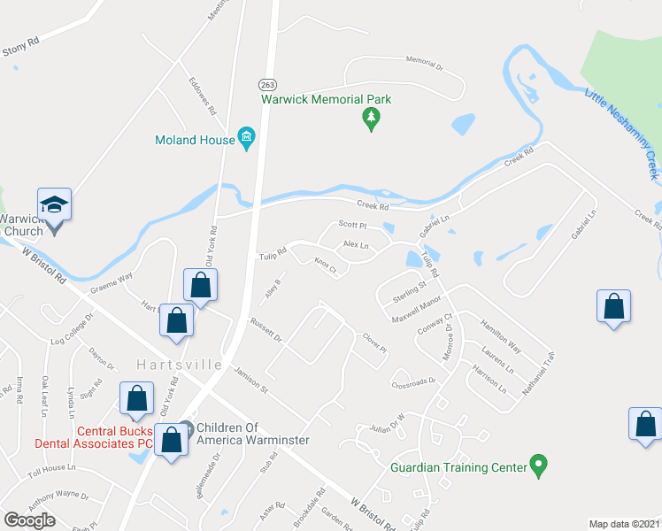map of restaurants, bars, coffee shops, grocery stores, and more near 3503 Knox Court in Ivyland