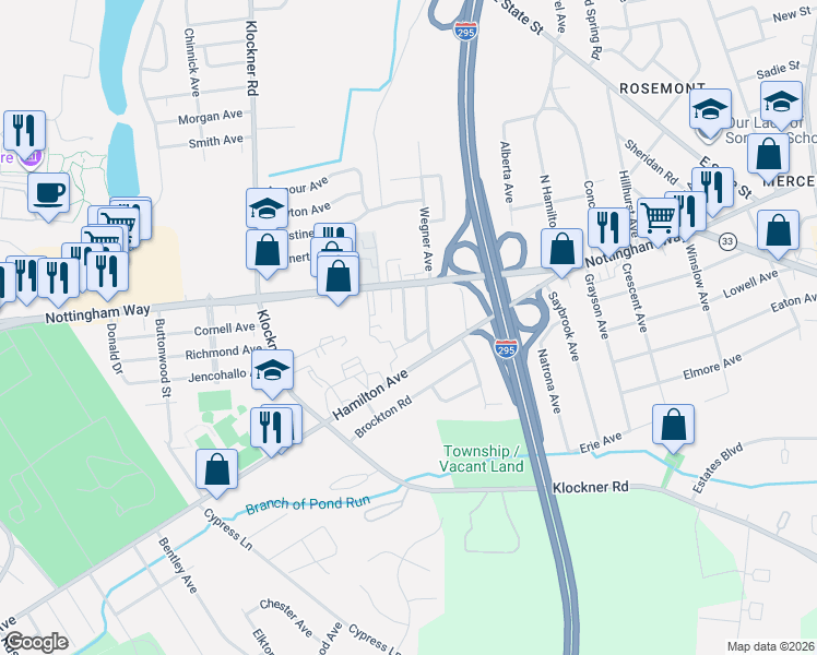 map of restaurants, bars, coffee shops, grocery stores, and more near 5 Monument Avenue in Trenton