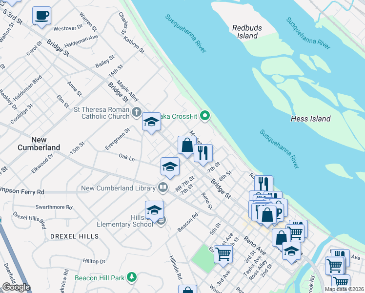 map of restaurants, bars, coffee shops, grocery stores, and more near 905 Bridge Street in New Cumberland