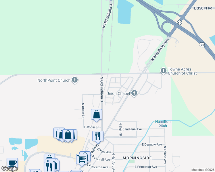 map of restaurants, bars, coffee shops, grocery stores, and more near 10 West Dogwood Drive in Muncie