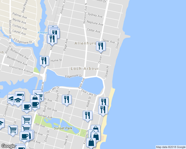map of restaurants, bars, coffee shops, grocery stores, and more near 205 Edgemont Drive in Allenhurst