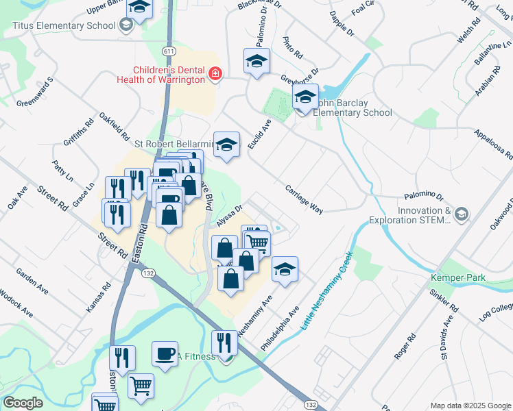 map of restaurants, bars, coffee shops, grocery stores, and more near 6207 Meridian Boulevard in Warrington