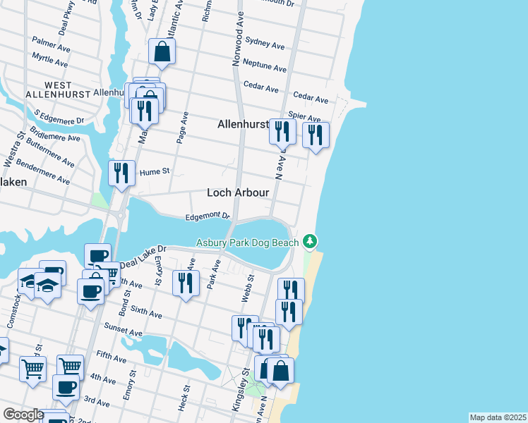 map of restaurants, bars, coffee shops, grocery stores, and more near 205 Edgemont Drive in Allenhurst